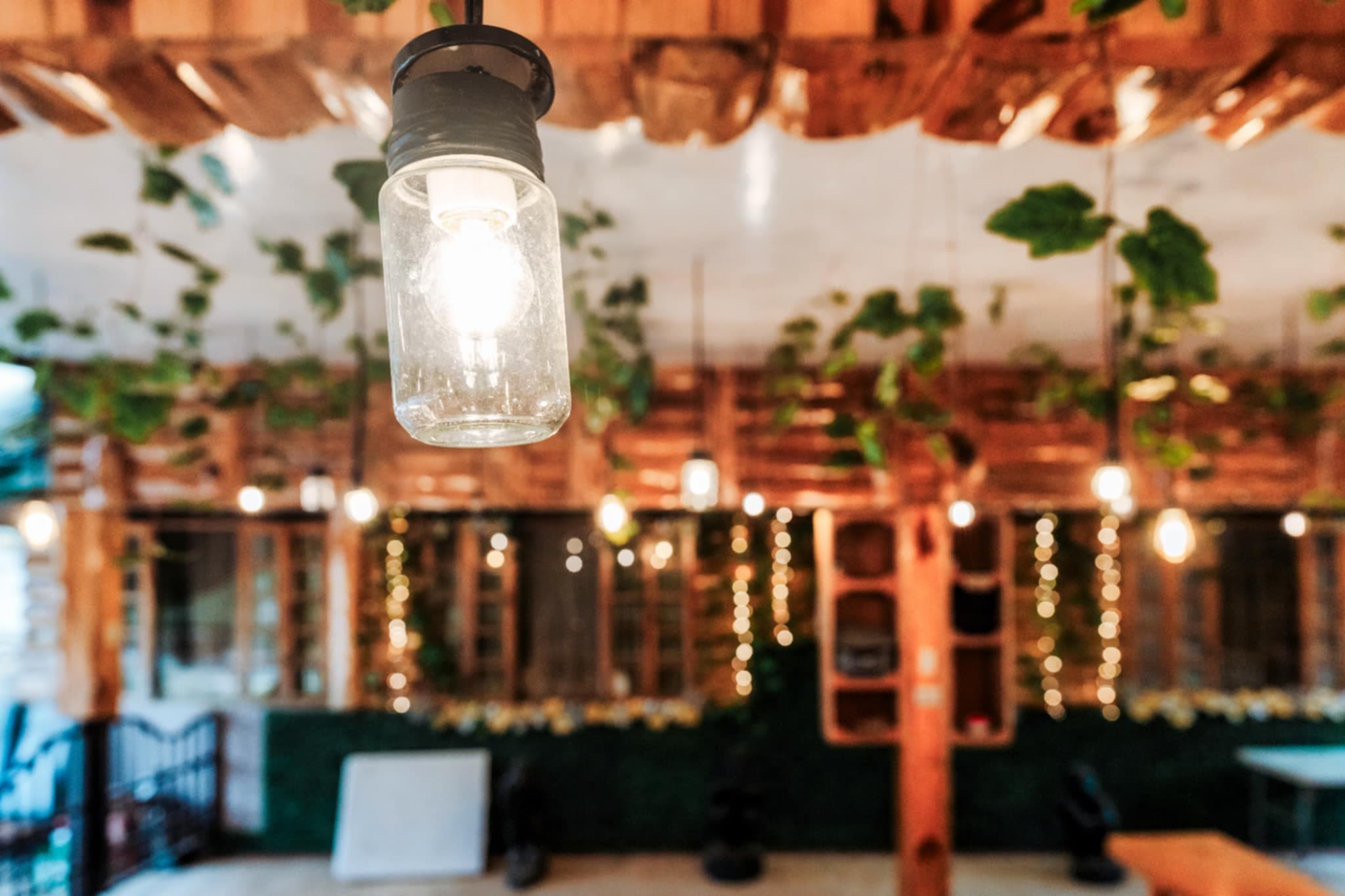 Jar light hanging from patio ceiling